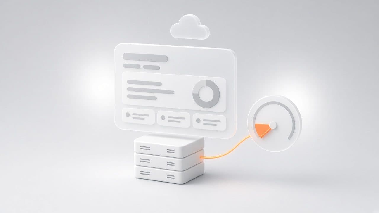 Illustration of a SaaS dashboard on a small server stack, with a gauge reading low CPU use