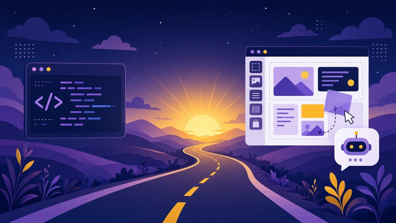 Illustration of a road leading toward a sunrise, with a code window on one side and a site editor with a small robot helper on the other