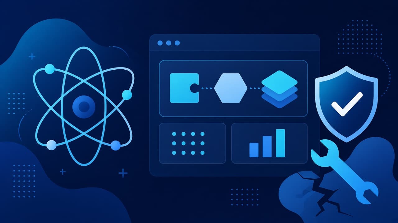 Illustration of the React atom logo, a dashboard of app components, a shield with a check mark and a wrench patching a crack