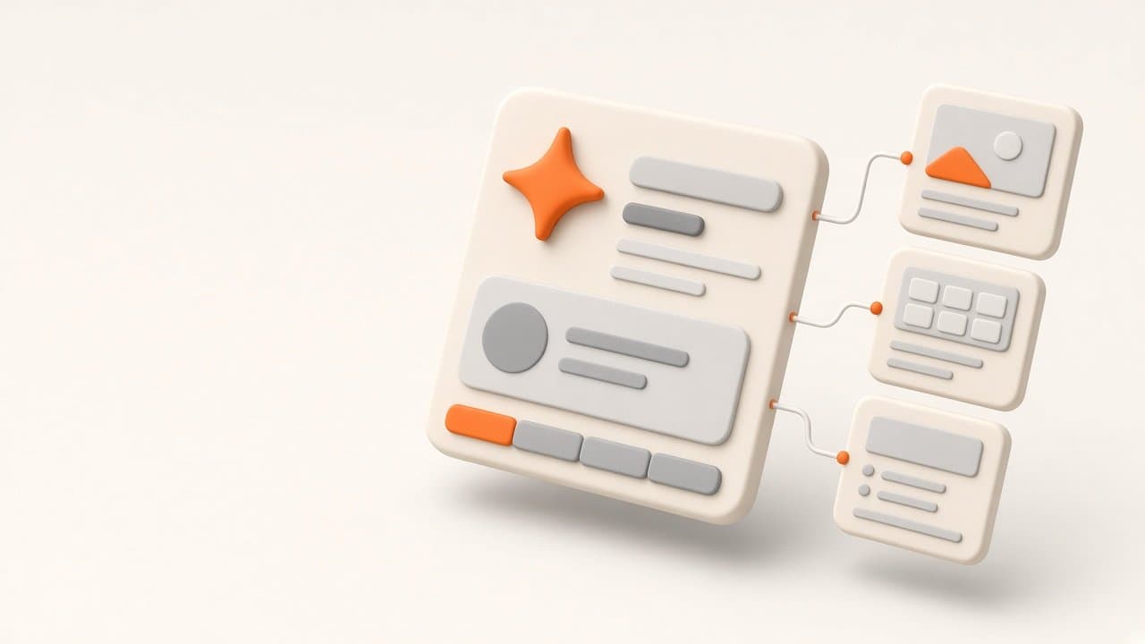 Illustration of an AI answer panel linked by thin lines to three website preview cards on a light background