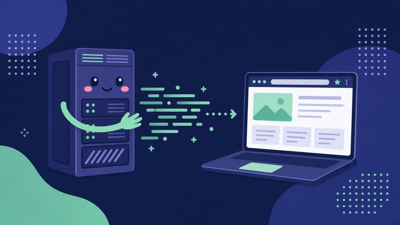Illustration of a server sending processed code as a web page to a laptop screen