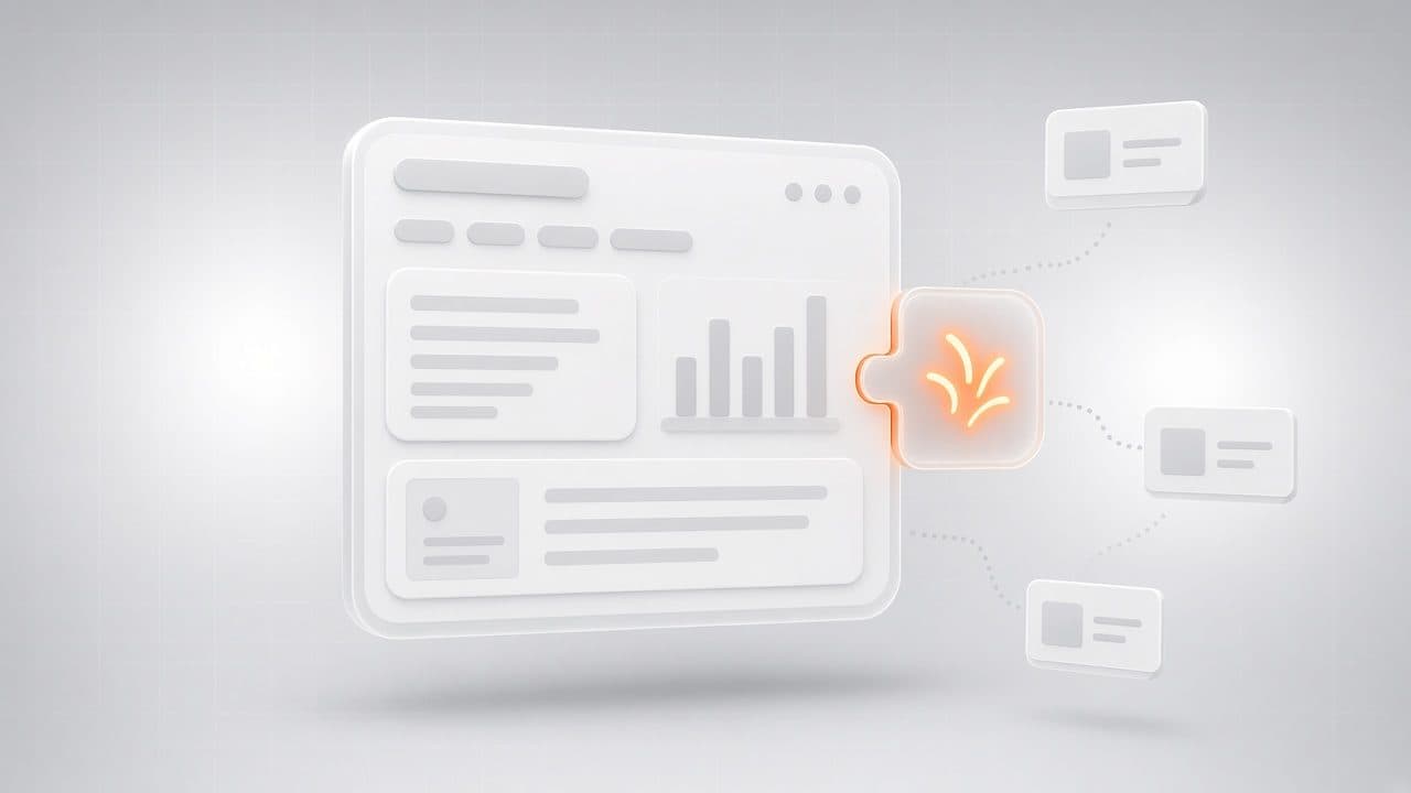Illustration of an AI module plugging into an existing business dashboard, with documents flowing into it