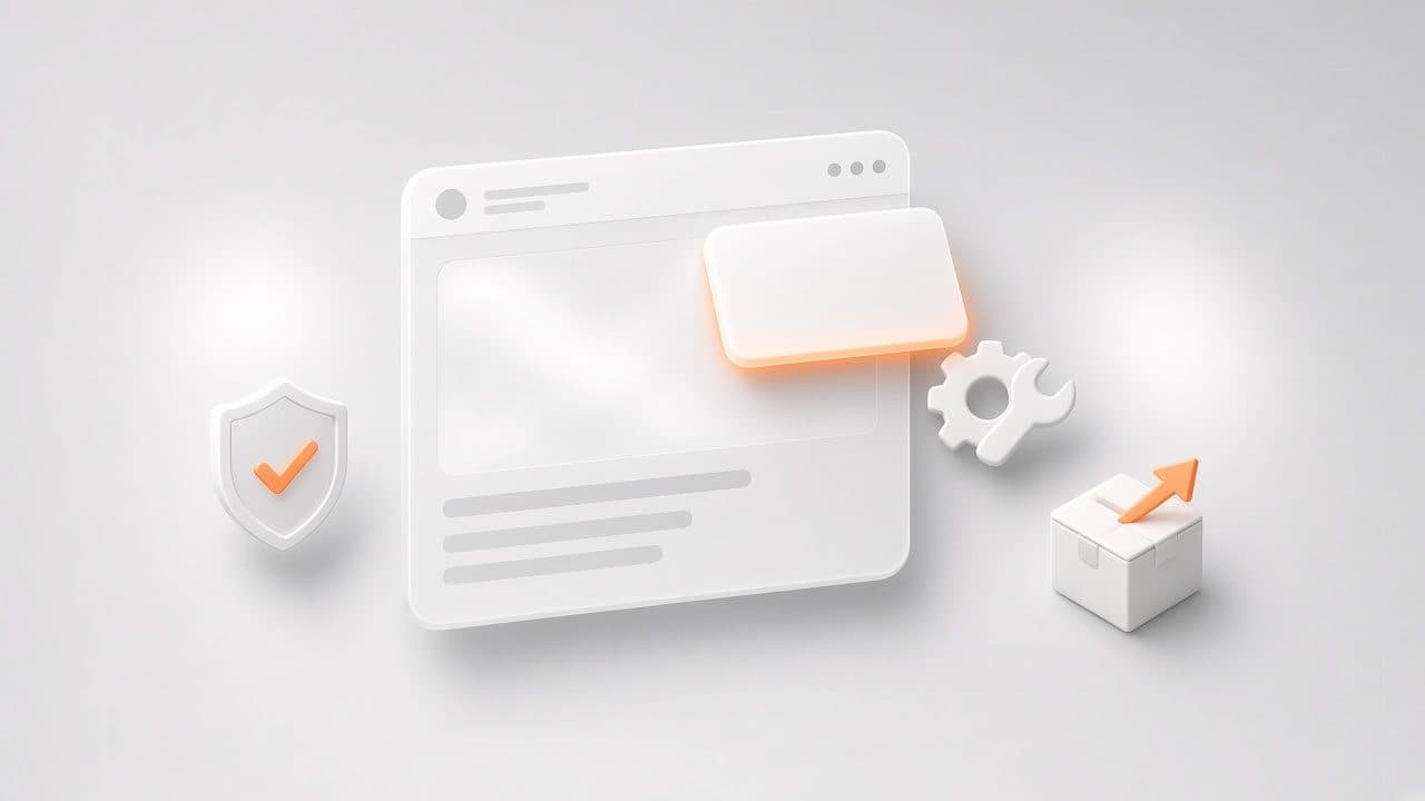 Illustration of a WordPress site layout being updated, with a security shield, maintenance tools, and a migration box