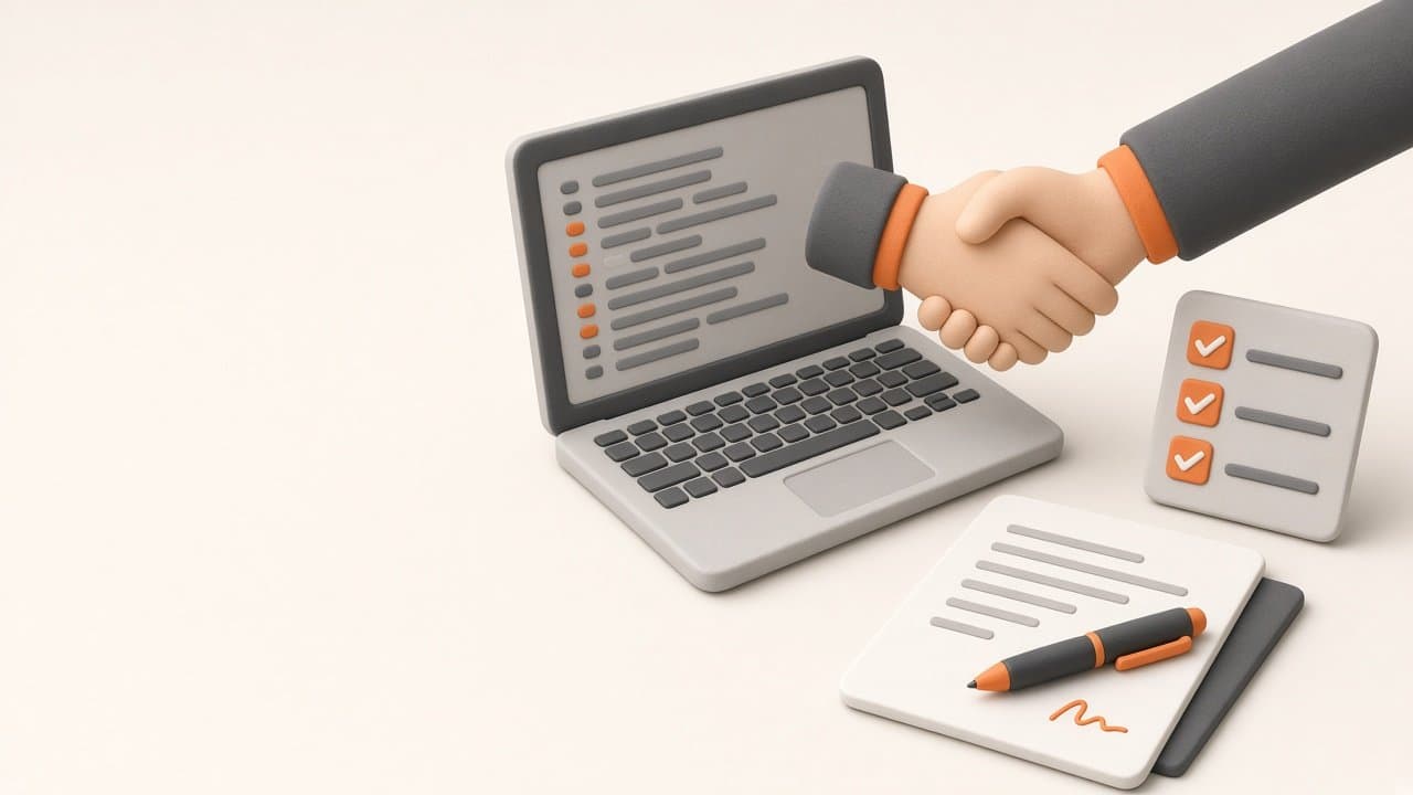 Illustration of a handshake over a laptop showing code, beside a contract and a checklist