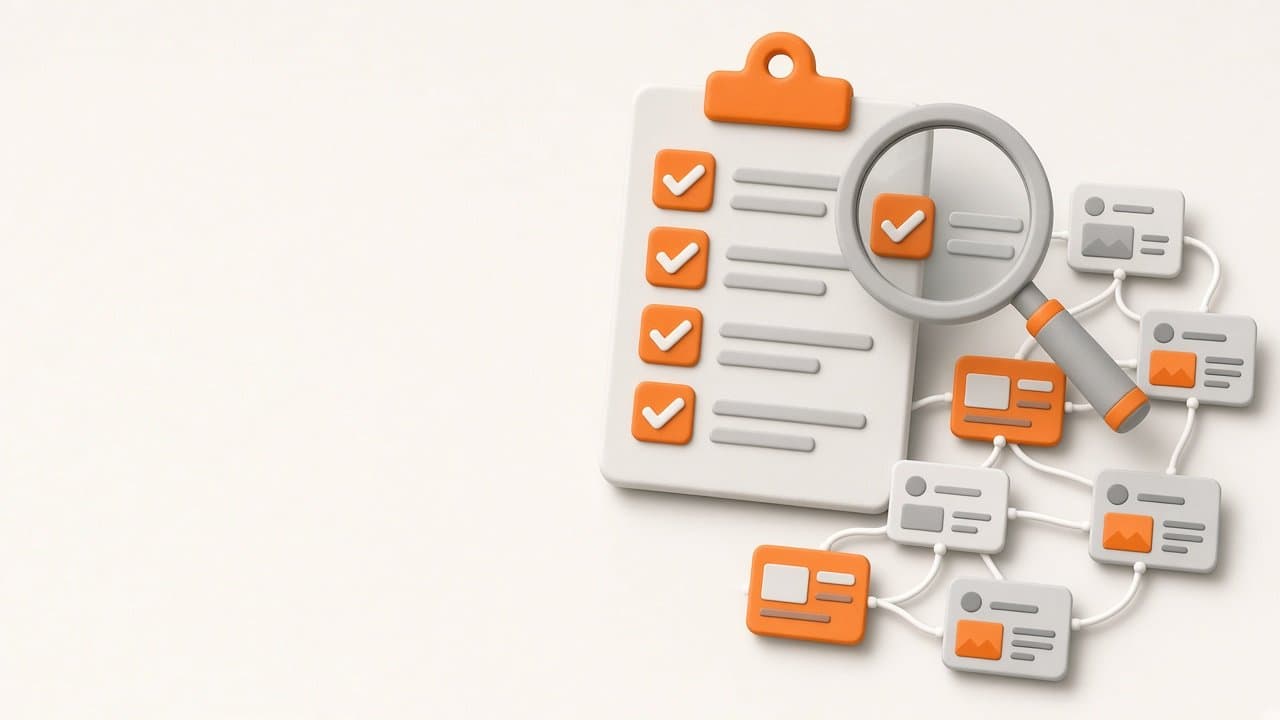 Illustration of a clipboard checklist and magnifying glass beside a crawl map of connected web pages