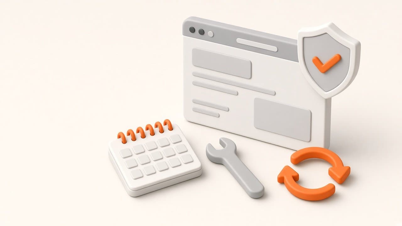 Illustration of a website window with a calendar, wrench, security shield and update arrows around it