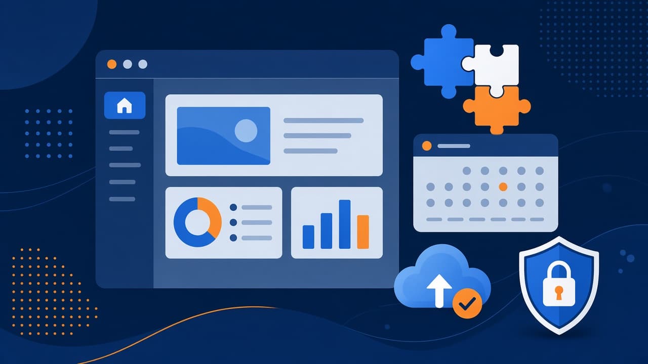 Illustration of a website dashboard with charts, a monthly calendar, plugin puzzle pieces, a cloud backup icon and a padlock shield